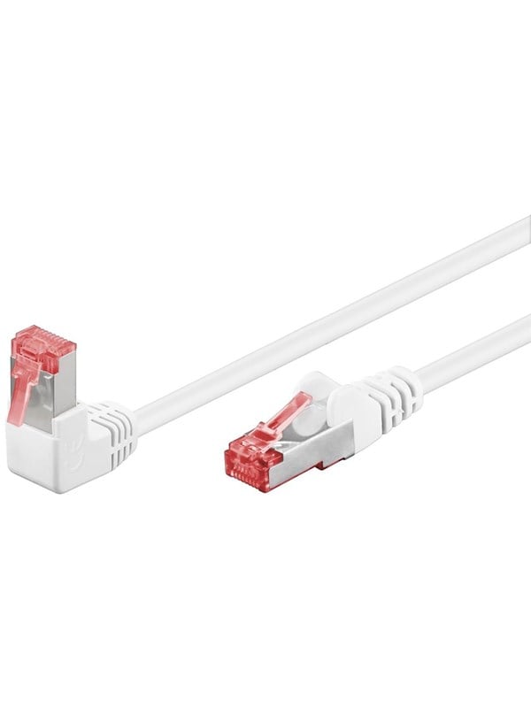 Goobay Patchkabel CAT 6, 1x 90° vinklad, S/FTP (PiMF), vit, 0,25 m kopparledare (CU), halogenfri kabelhölje (LSZH), snäpplås på toppen