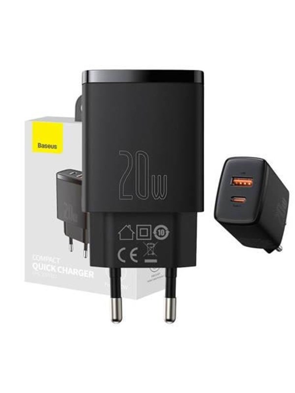 Baseus Compact Quick Adapter 20Watt USB-C + USB-A Musta