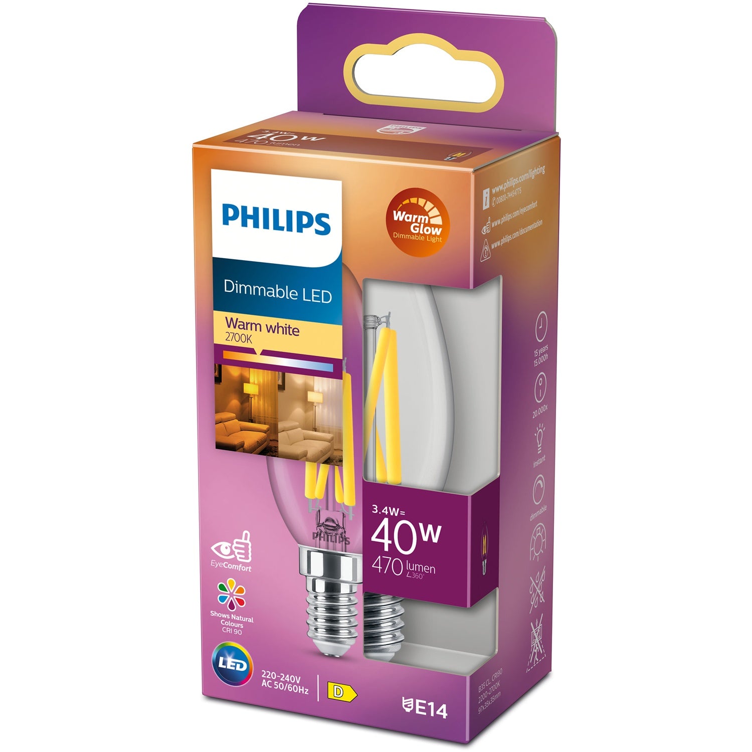 Philips LED-kynttilälamppu E14 3,4W (40W) 470lm Himmennettävä WarmGlow Kirkas