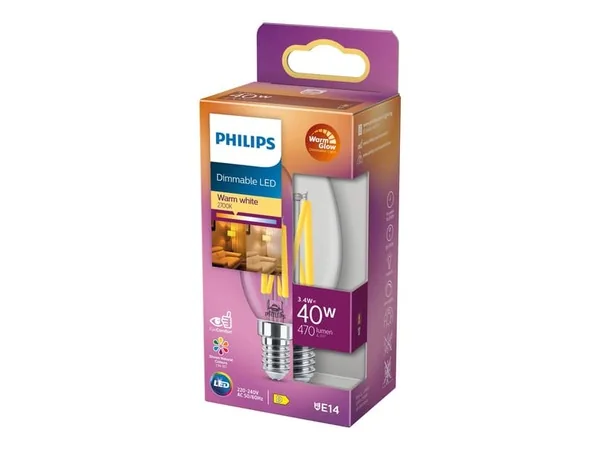Philips LED-kynttilälamppu E14 3,4W (40W) 470lm Himmennettävä WarmGlow Kirkas