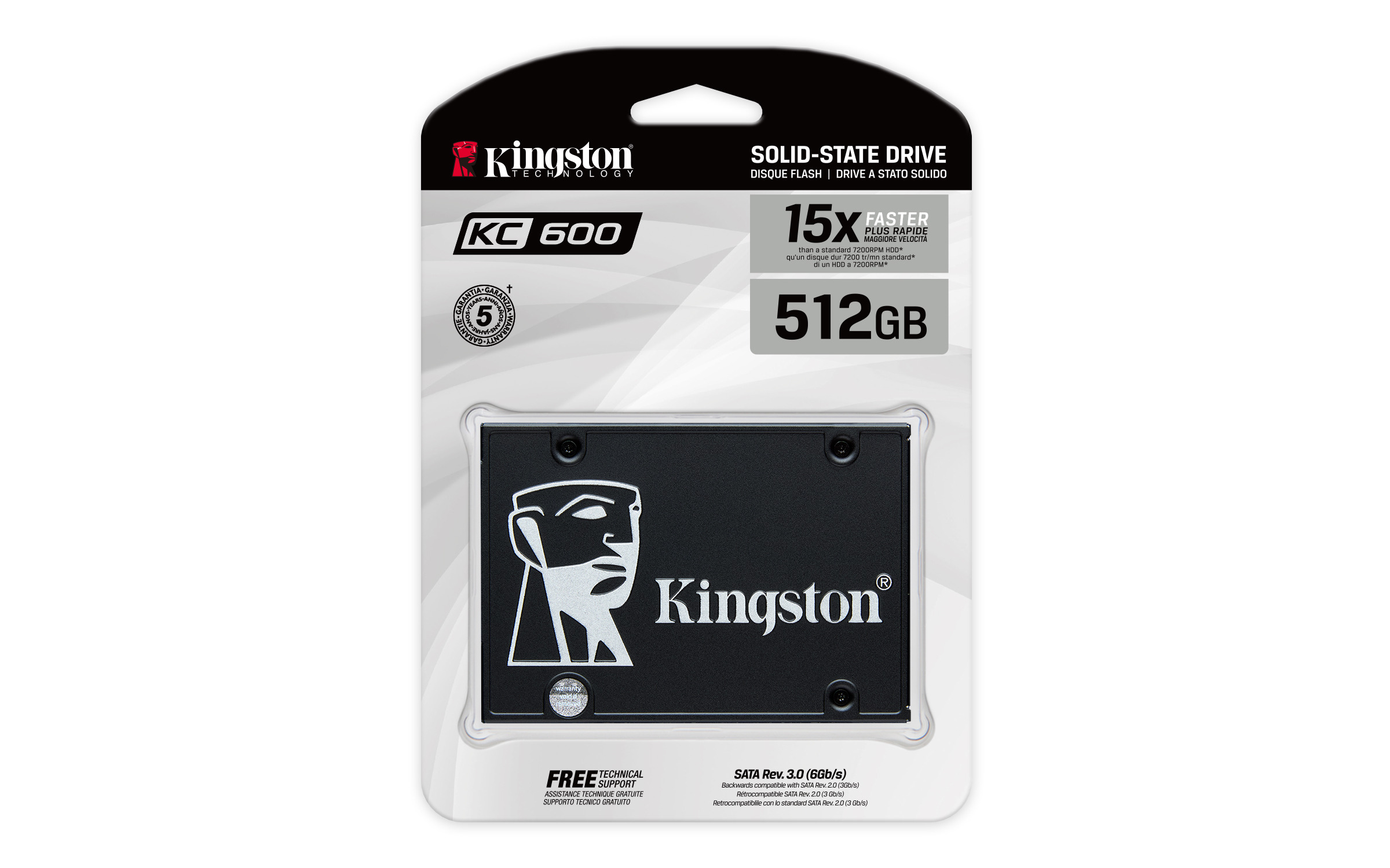 Kingston KC600 SSD-levy, SATA, 512GB, 2,5", 3D TLC NAND, musta