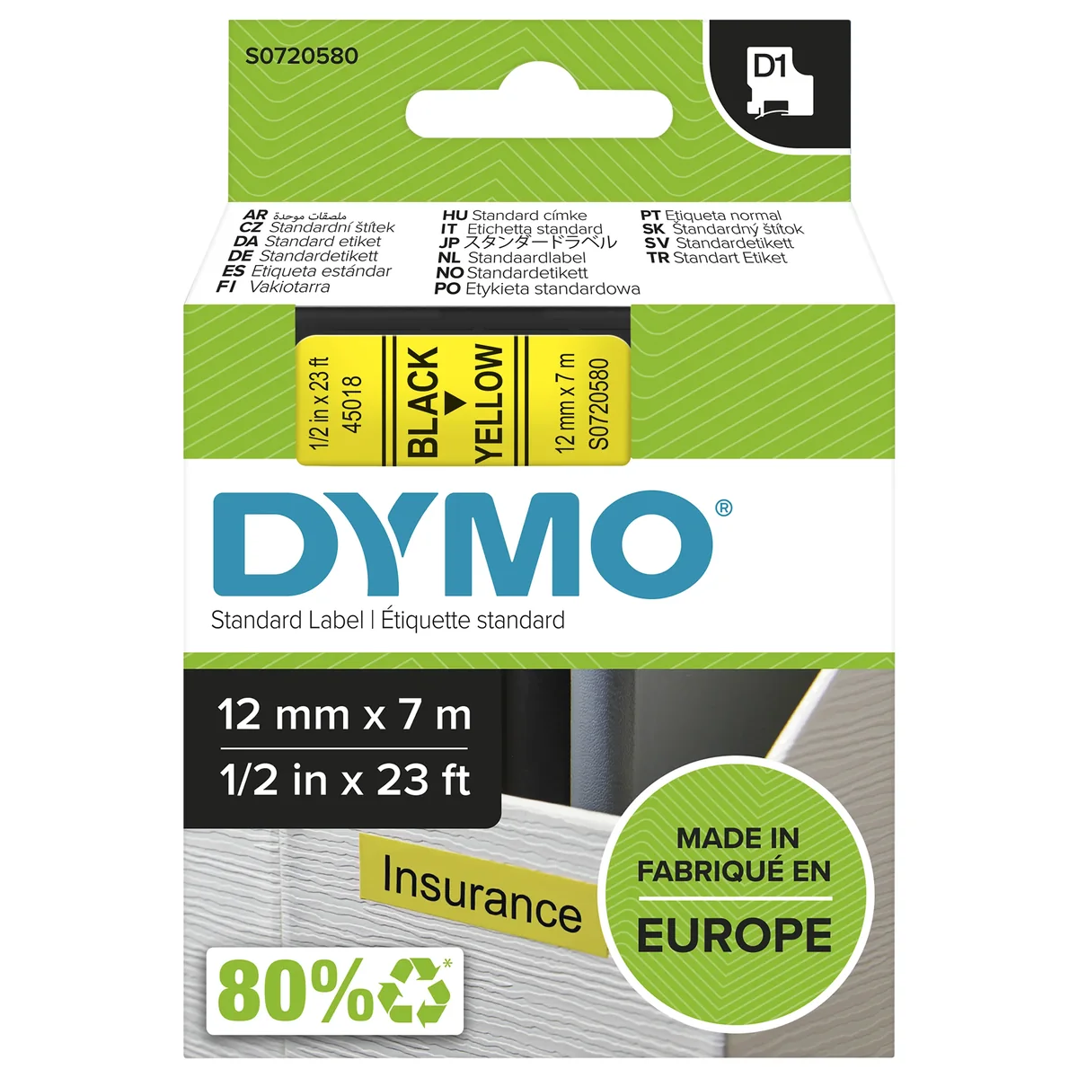 Tekstinauha Dymo D1, 12 mm, lajittelu/gul