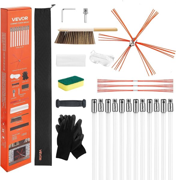 VEVOR Chimney Sweep Kit, 12m Maximum Extendable Length Chimney Sweep, Chimneys Cleaning Kit with Bristle Replacements & Goggles, 90° Bendable Fireplace Cleaning Tool, for Square, Rectangle Chimneys