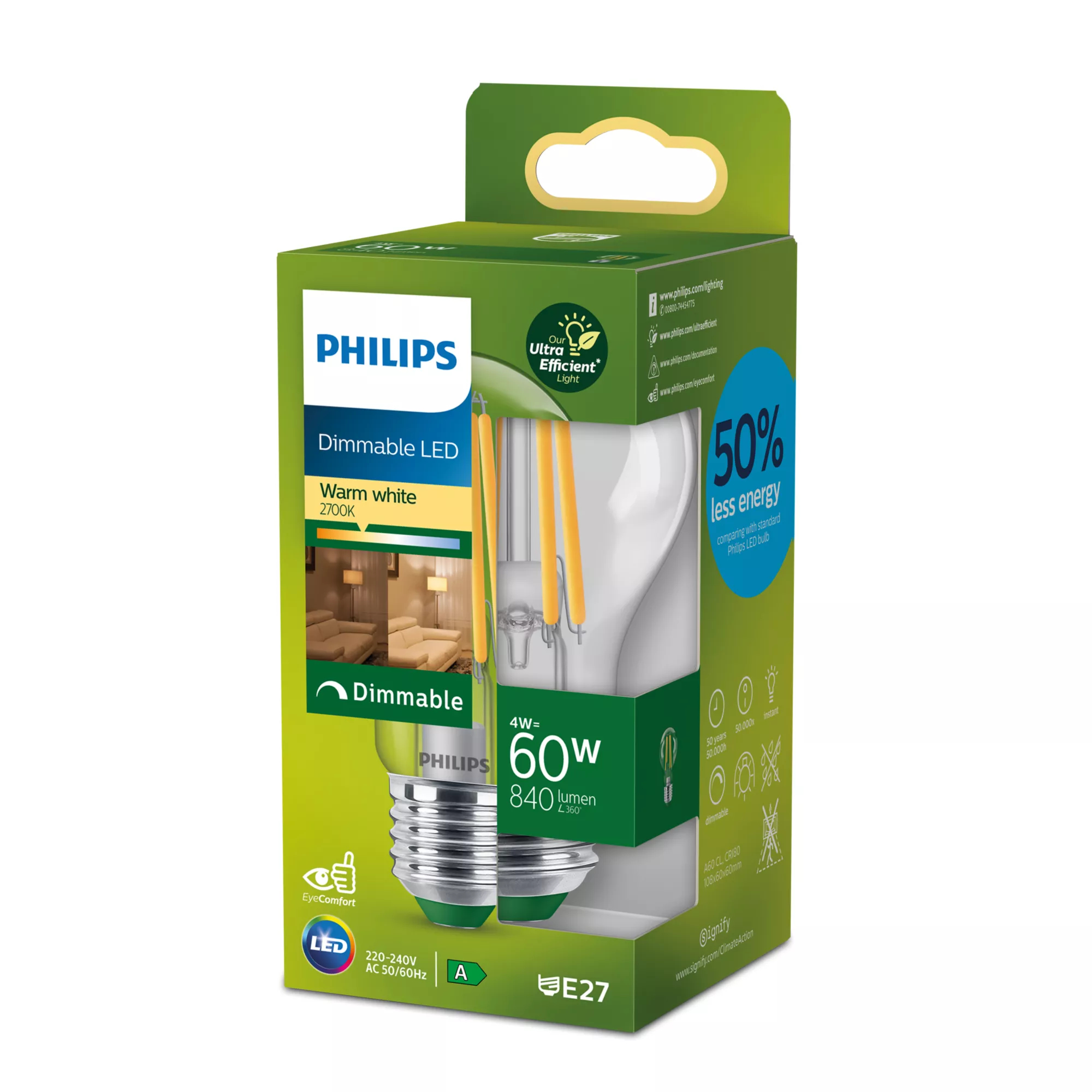 Philips UltraEfficient LED-filamenttilamppu A60 E27 4W (60W) Kirkas 840 lm Himmennettävä 2700K