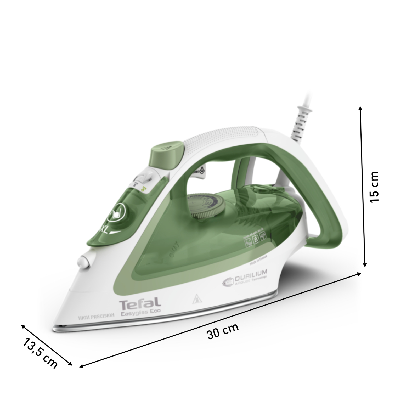 Tefal Easygliss Eco FV5781, Kuiva- & höyrysilitysrauta, Durilium Airglide -pohjalevy, 2 m, 260 g/min, Valkoinen, Vihreä, 50 g/min