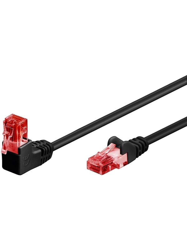 Goobay Patchkabel CAT 6, 1x 90° vinklad, U/UTP, svart kopparklädd aluminiumledare (CCA), snäpplås på toppen