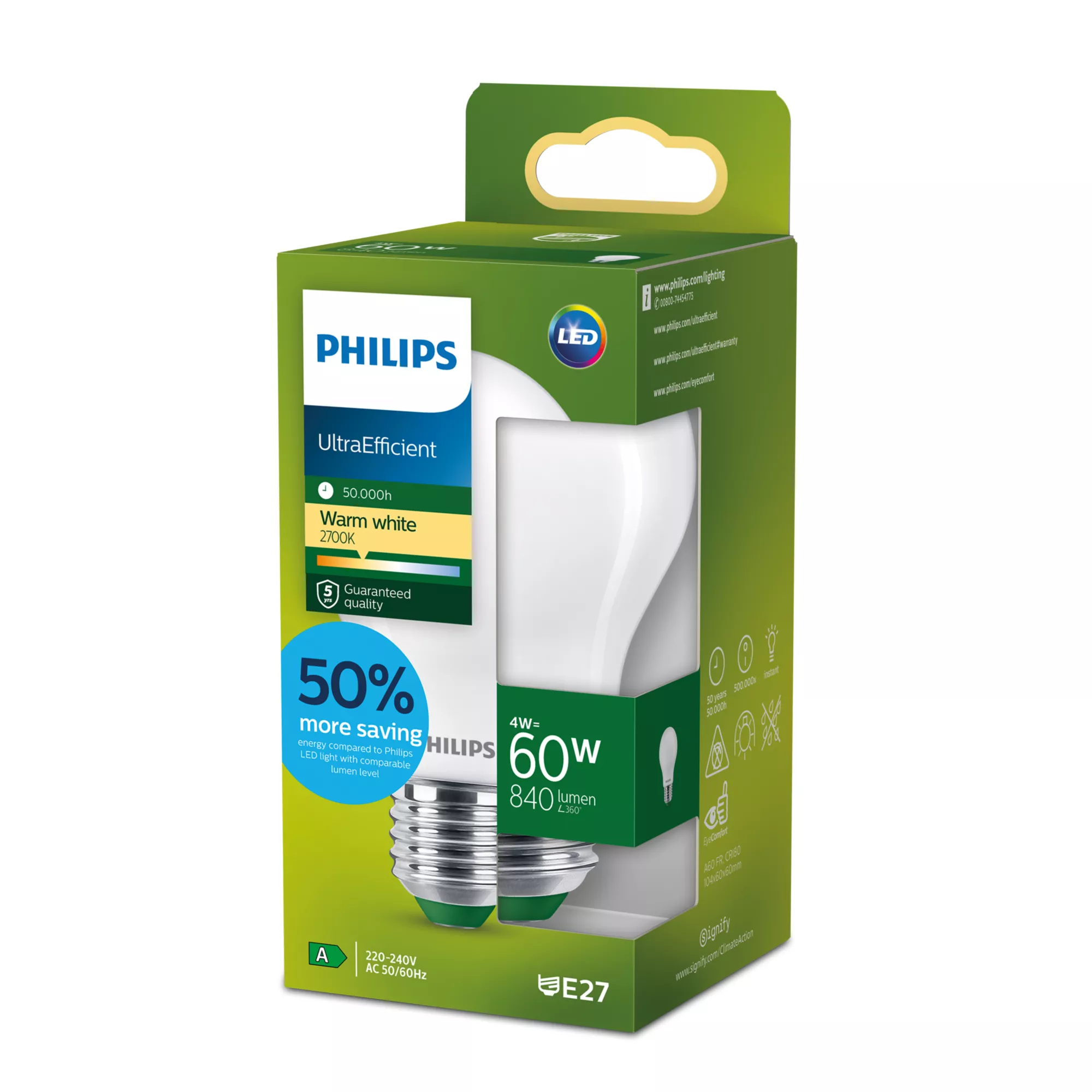 Philips E27 -LED-lamppu A60 4W 840lm 2 700K matta