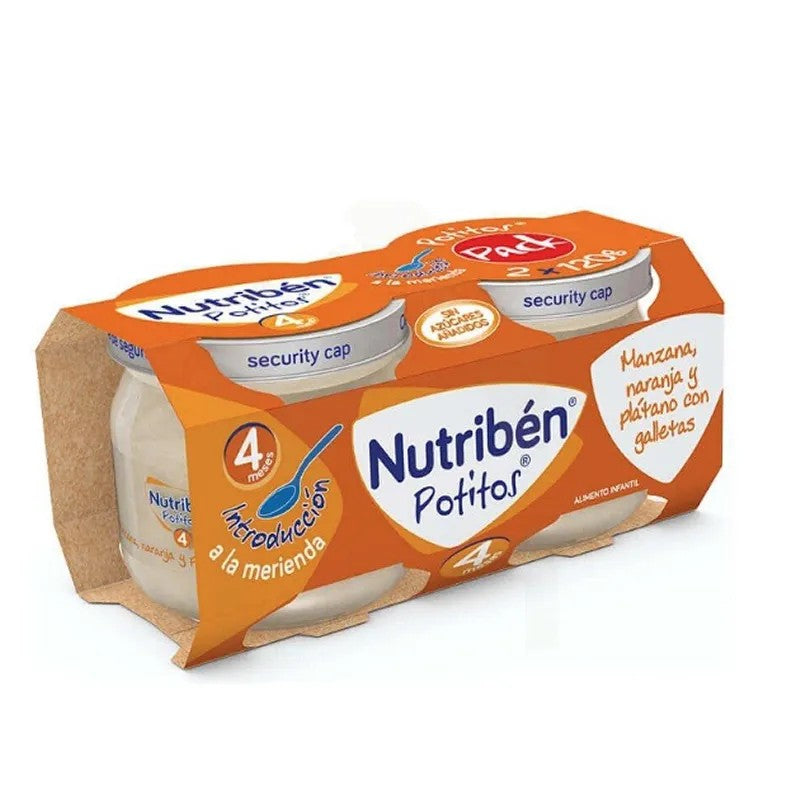 Banaania, appelsiinia ja keksejä purkissa Nutribén 2 pakkausta à 190 g