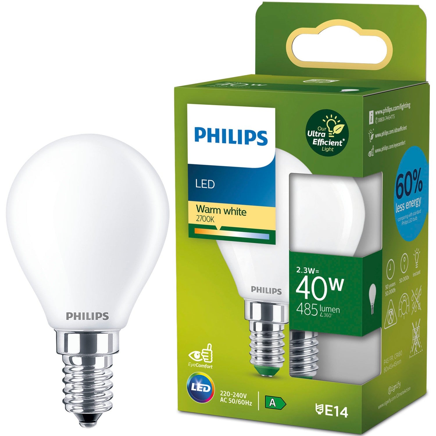 Philips LED UltraEfficient P45 -filamenttikynttilälamppu E14 2,3W (40W) 485lm 2700K Matta Himmennettävä