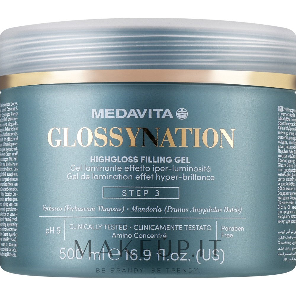 Medavita Glossynation Highgloss Filling Hair Gel laminointiin peiliefektillä 500 ml