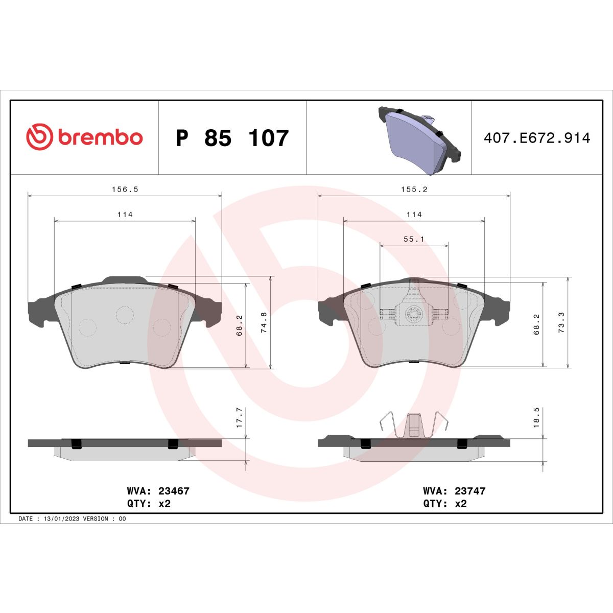Jarrupalat, levyjarru BREMBO P 85 107
