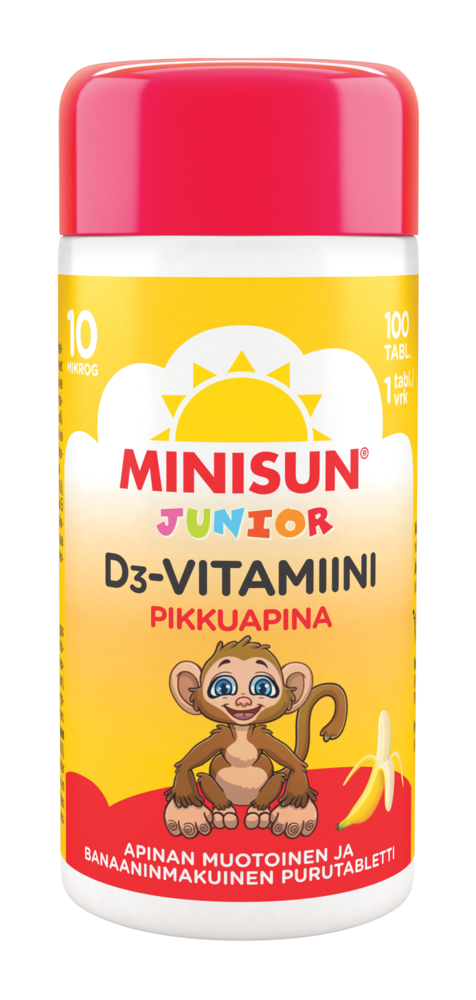 Minisun D-Vitamiini 10 mikrog Junior Apina 100 purutabl banaani