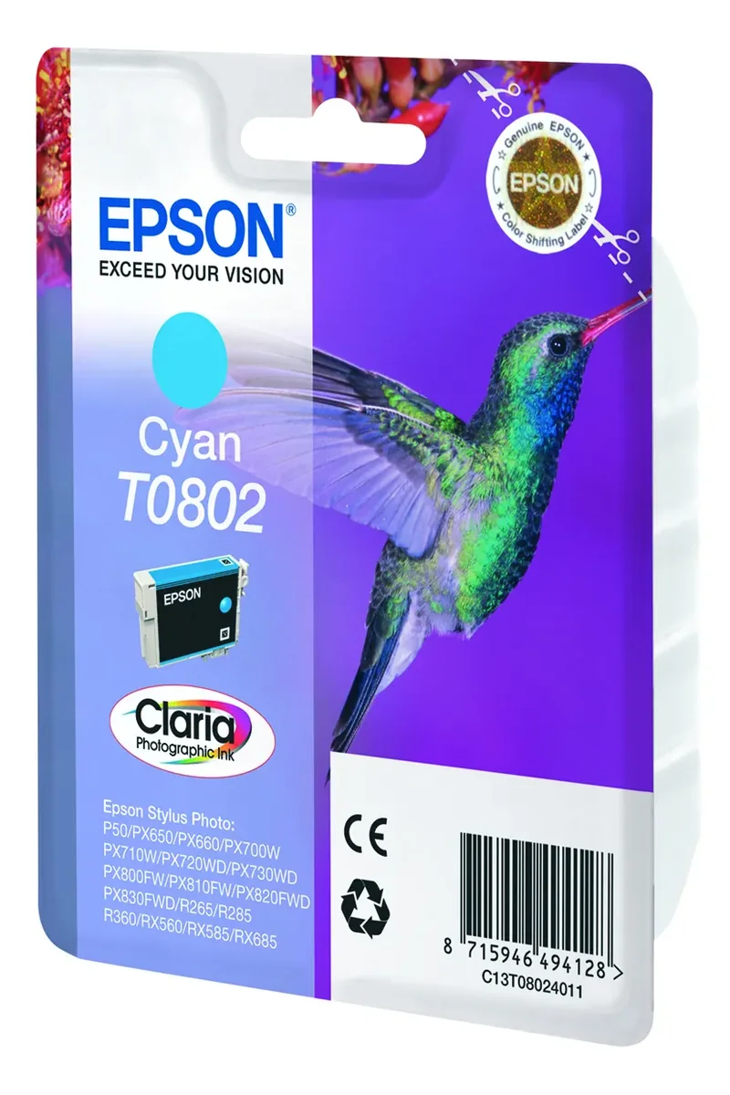 EPSON T0802-mustekasetti, 7.4 ml, syaani