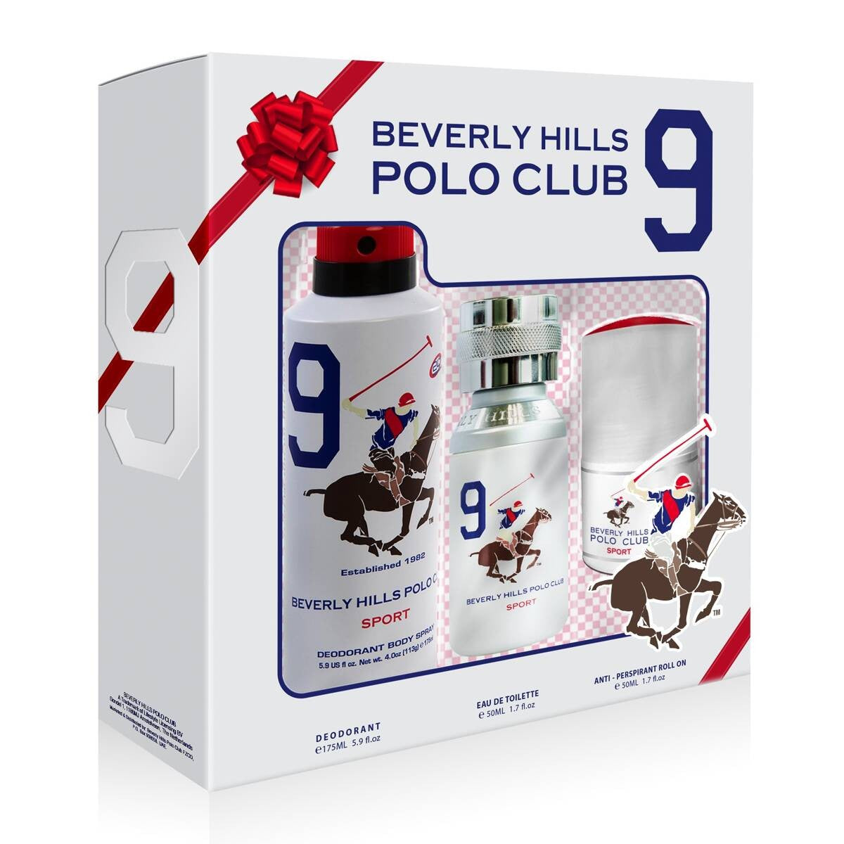 Sarja Beverly Hills Polo Club: 1982 - Sport 9 toalettivesi miehille 50 ml + 1982 - Sport 9 antiperspirant deodorantti spray 175 ml + 1982 - Sport 9 an