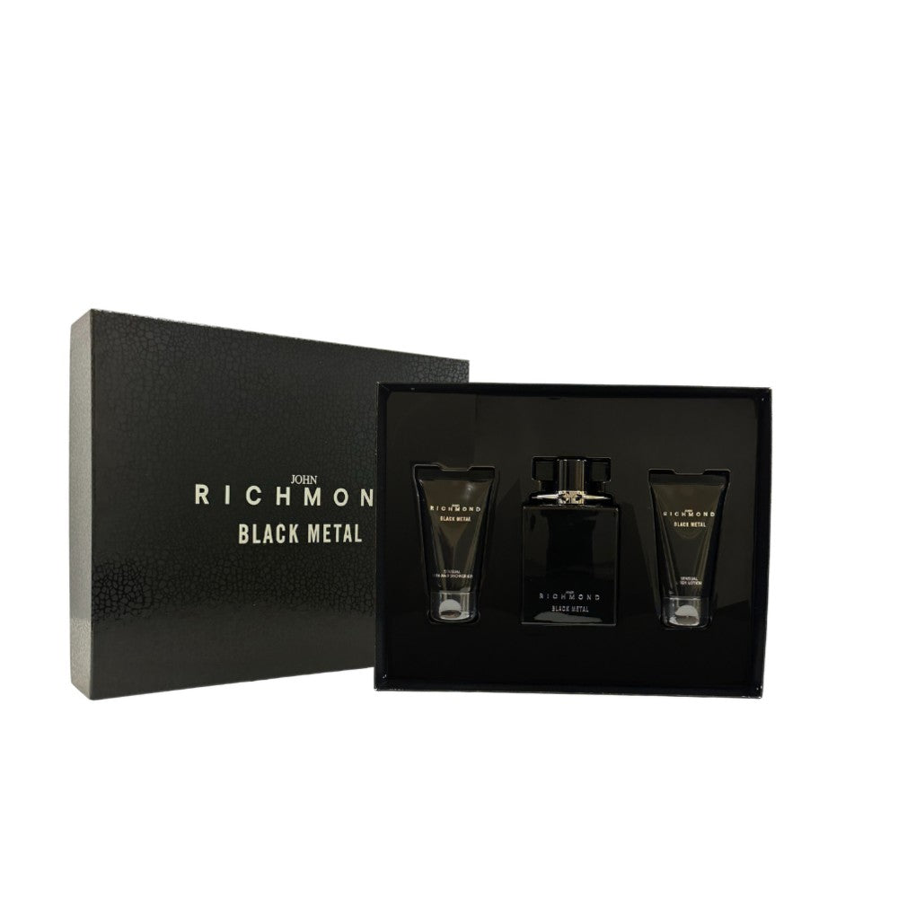 Sarja John Richmond: Puhdistava suihkugeeli Naturale Black Metal 50 ml + vartalovoide Black Metal 50 ml + Eau De Parfum in Black Metal 100 ml