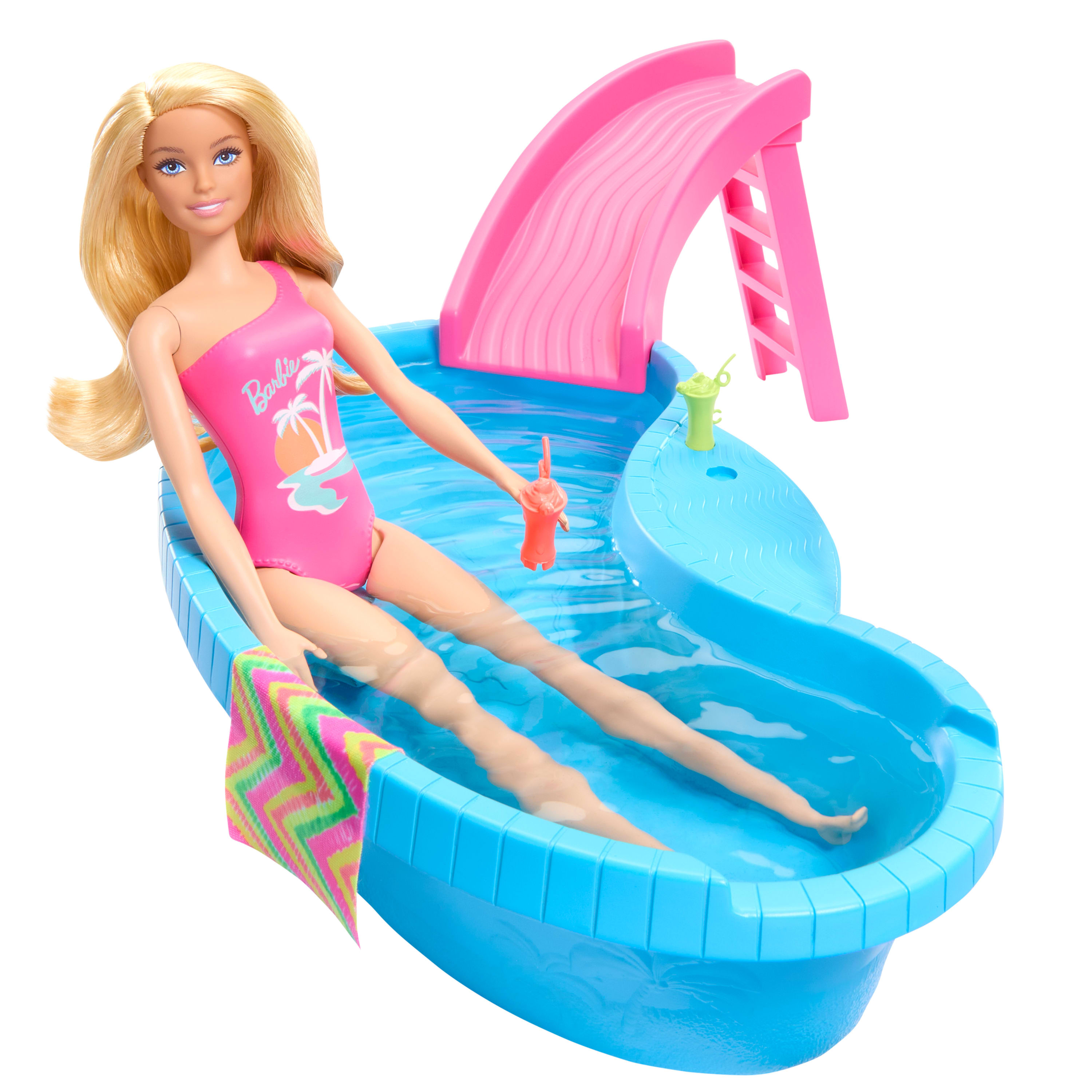 Barbie Doll And Pool Playset Blonde With Pool Slide Towel And Drink Accessories