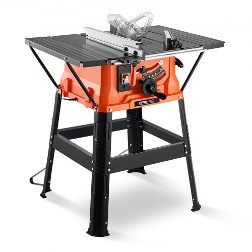 VEVOR Table Saw with Stand, 254 mm, 1800W Portable Compact Tablesaw, 200 mm Max Rip Capacity, 4800RPM Cutting Speed, with 24 Teeth Saw Blade, Sliding Miter Gauge, for Woodworking & Furniture Making