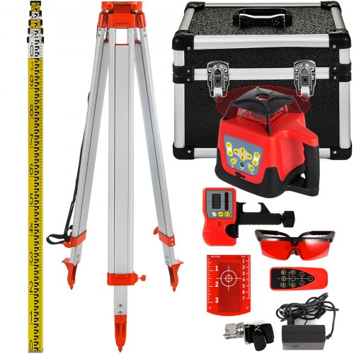 VEVOR Red Rotary Laser Level Self Leveling Measuring Automatic Self-leveling laser level 360-degree Rotary Scanning 500m + Tripod + 5m Staff