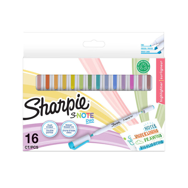 Sharpie S-Note Duo | Luovat kaksipäiset pastellitussit | Pyöreä- & viistokärki korostamiseen, piirtämiseen, koristelemiseen ja paljoon muuhun | 16 kpl
