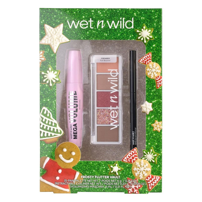 Wet n wild Frosty Flutter -lahjasetti sisäänvedettävällä mustalla eyelinerilla, volyymia antavalla ripsivärillä ja luomiväripaletilla 5 sävyssä 1 unit