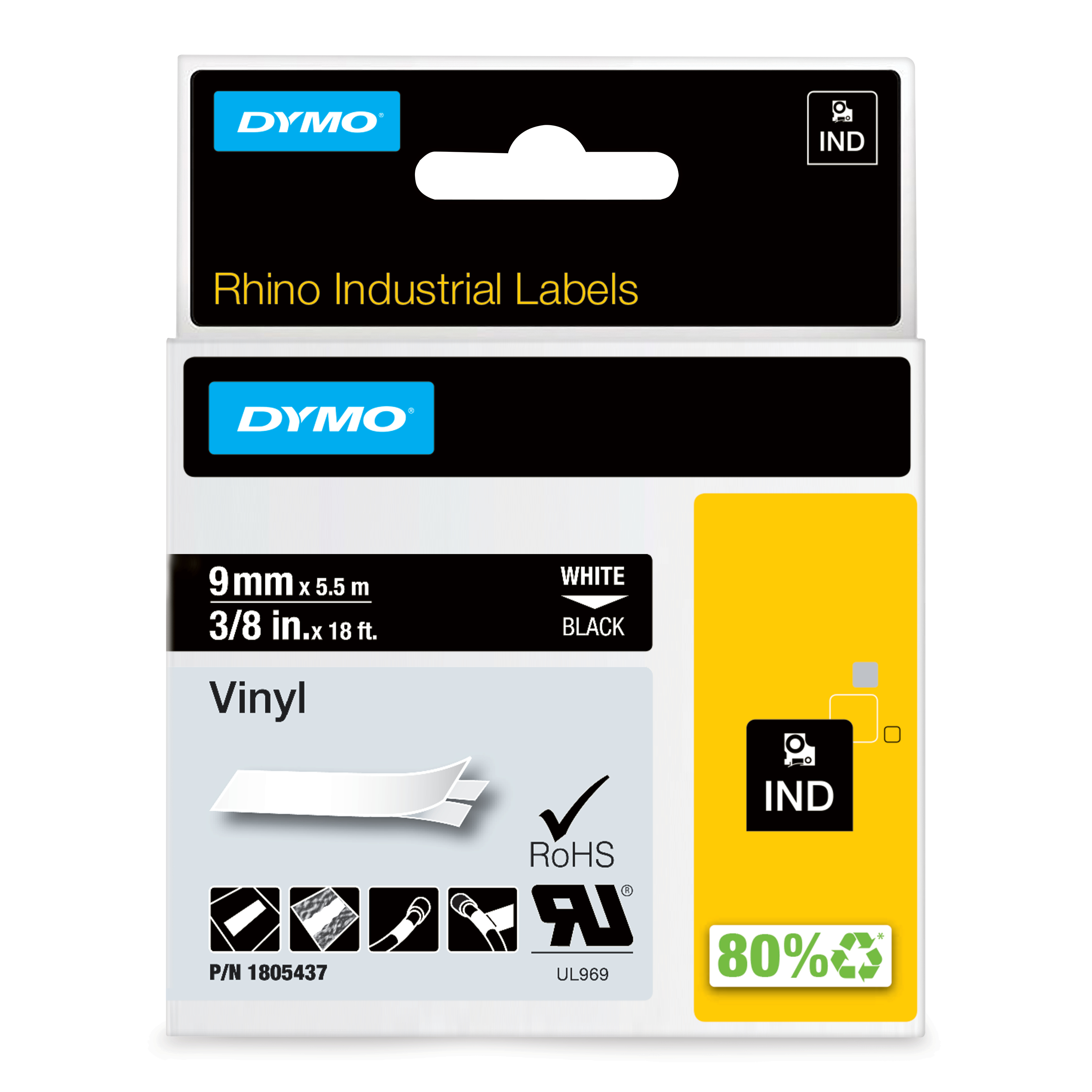 DYMO Rhino -vinyyliteipit, 9 mm x 5,5 m, valkoinen / musta, itseliimautuva