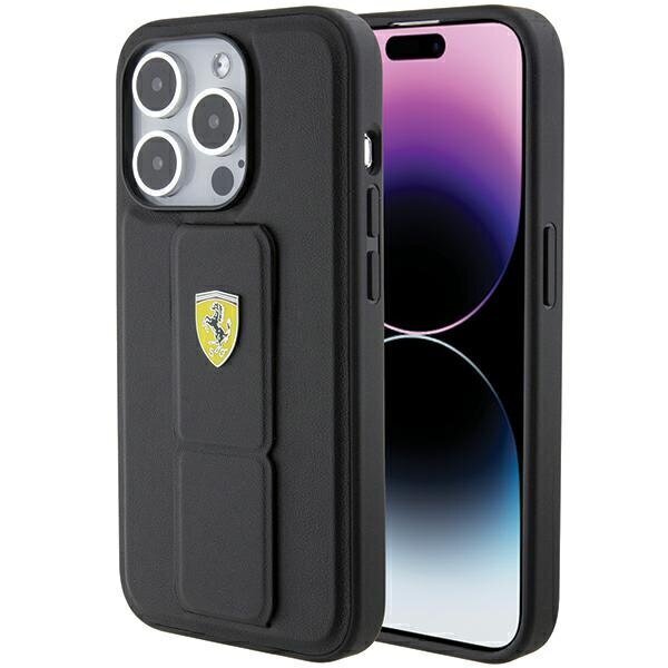 Ferrari Grip Stand Metal Logo Case for iPhone 15 Pro Max - Black
