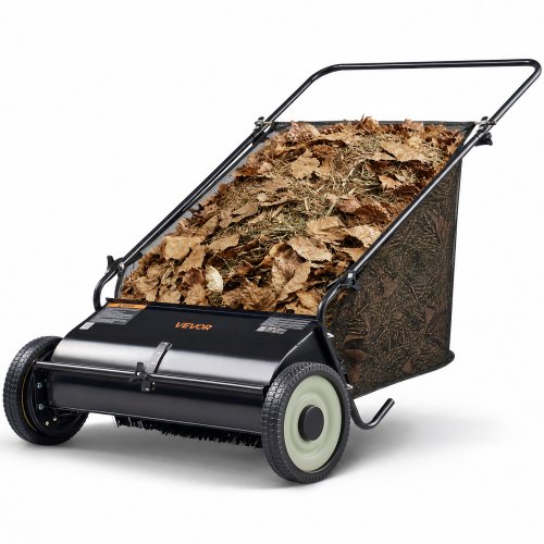 VEVOR Push Lawn Sweeper, 26-inch Leaf & Grass Collector, Strong Rubber Wheels & Heavy Duty Thickened Steel, Durable to Use with Large Capacity 7 cu. ft. Mesh Collection Hopper Bag, 4 Spinning Brushes