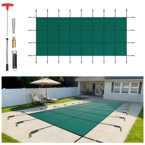 VEVOR Pool Safety Cover 5.48 x12.8 m, Inground Pool Cover fit for 4.88 x12.19 m Pool, Rectangle Inground Safety Pool Cover Green Mesh Solid Pool Safety Cover for Swimming Pool Winter Safety Cover
