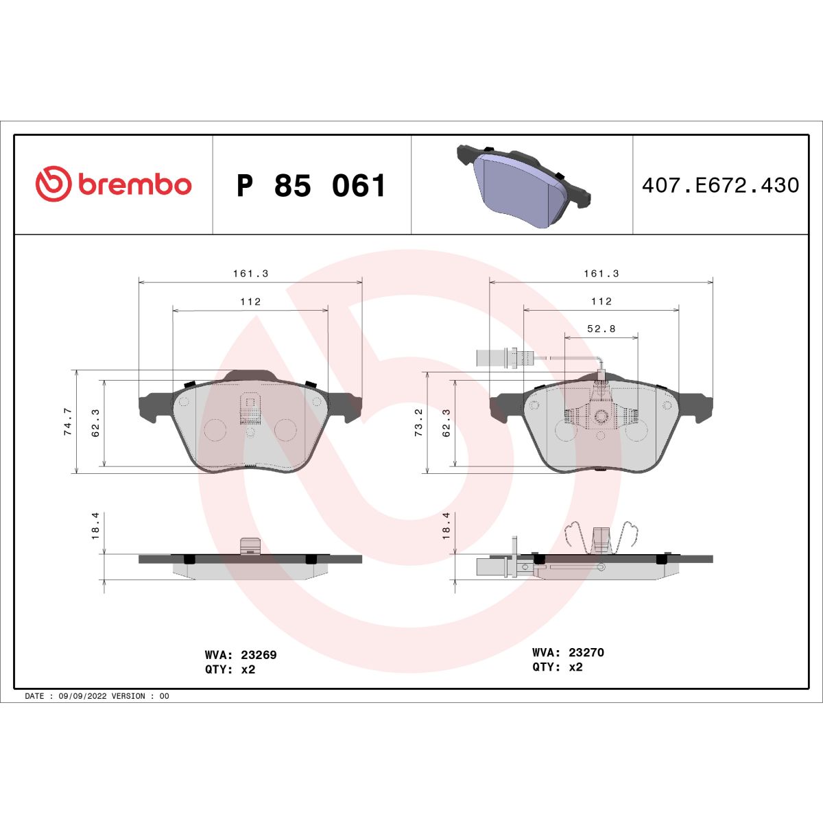 Jarrupalat, levyjarru BREMBO P 85 061
