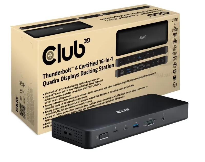 CLUB3D CSV-1583, langallinen, Thunderbolt 4, musta, MicroSD (TransFlash), SD, 40 Gbit/s, Kensington