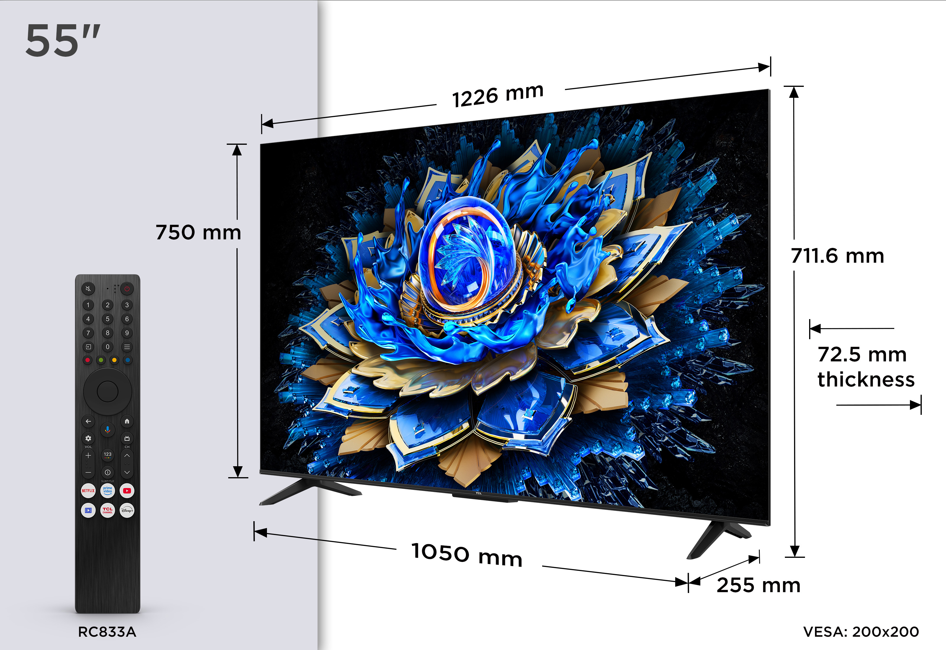 TCL 55T69C 55" 4K QLED Google TV, 60 Hz, Dolby Vision, HDR10+, metallic
