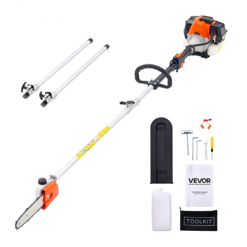 VEVOR Gas Pole Saw, 33CC 2 Stroke Gas Powered Pole Saws with 20.3 cm Cutting Bar, Cordless Tree Trimmer with 850ml Fuel Tank, 2 to 3.5 m Extendable, Powerful Chainsaw for Tree Trimming Pruning