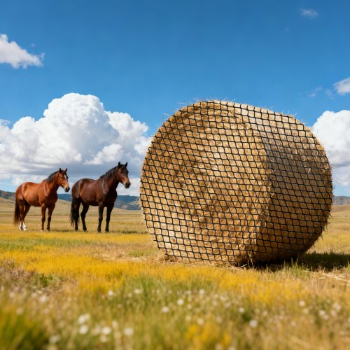 VEVOR Round Bale Hay Net, 1.5 x 1.5 x 1.5 m, 42 x 42 mm Holes, PE Material, Knotless Design, with Self-Locking Zip Ties, Needle Shuttle, and Repair Twine, Slow Feeder Round Bale Net for Horses