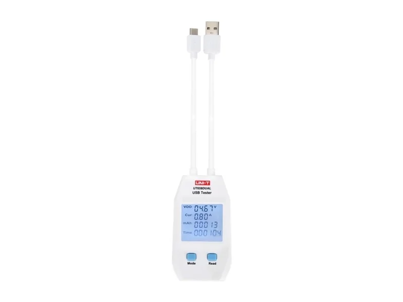 USB-A, USB-C testeris, QC1.0/ 2.0/ 3.0/ 4.0 (tyyppi C) ir QC1.0/ 2.0/ 3.0 (tyyppi A) protokolai, 0~99999mAh 0~1000Wh 1~480?, 4~24VDC, UNI-T