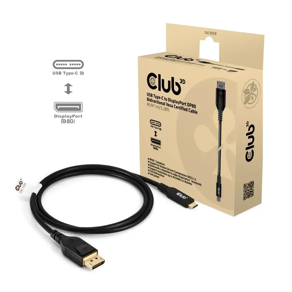 Club 3D USB-C – DisplayPort DP80 kaksisuuntainen -kaapeli, 1 m, musta