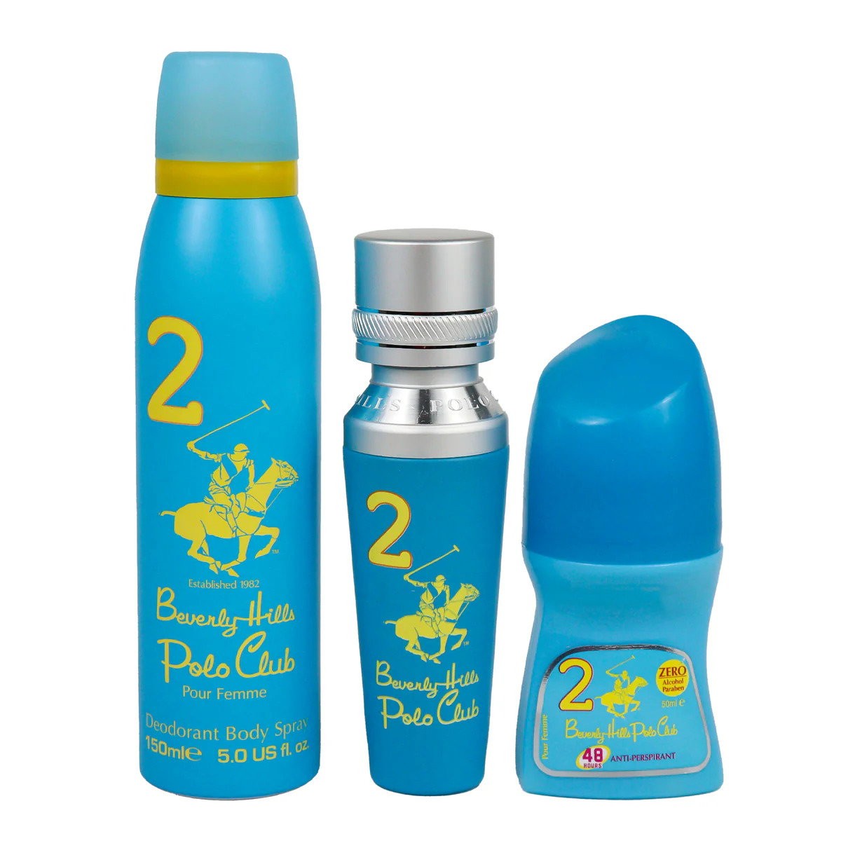 Sarja Beverly Hills Polo Club: n. 2 Eau de Parfum naisille 50 ml + n. 2 naisten roll-on antiperspiranttideodorantti 50 ml + 1982 - Sport 2 virkistävä