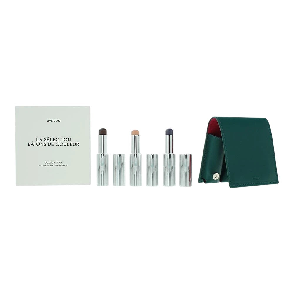 Setti Byredo Deep Teal: Luomiväripuikko 509 Solar Flare 3,5 g + Luomiväri Colour Stick Kumato 3,5 g + Luomiväri Colour Stick Flower Play 3,5 g + Nahka
