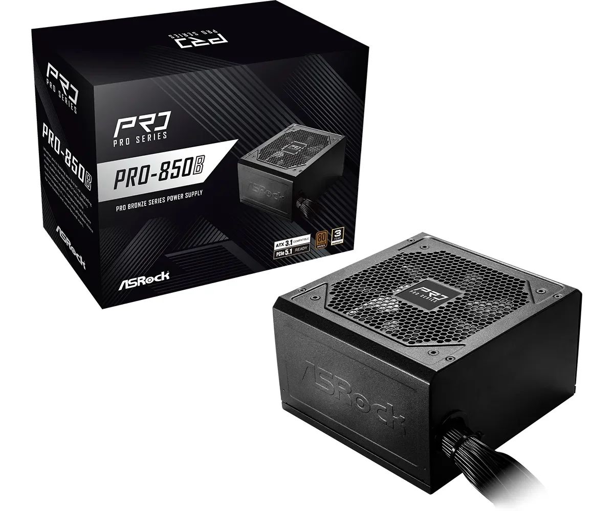 Asrock PRO-850B, 850 W, 100 - 240 V, 50/60 Hz, 12 - 6 A, 70,8 A, Ylivirta, Oikosulku, Ylijännite, Alijännite, Ylikuumeneminen, Yliteho