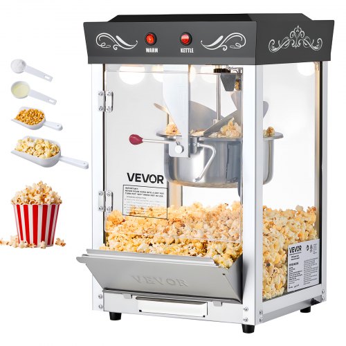 VEVOR Popcorn Machine, 0.2kg Stainless Steel Kettle, 800W Commercial Countertop Popcorn Maker, 48 Cups per Batch Theater Style Popper, with 2-Button Control Glass Wall PC Door 1 Scoop 3 Spoons, Black