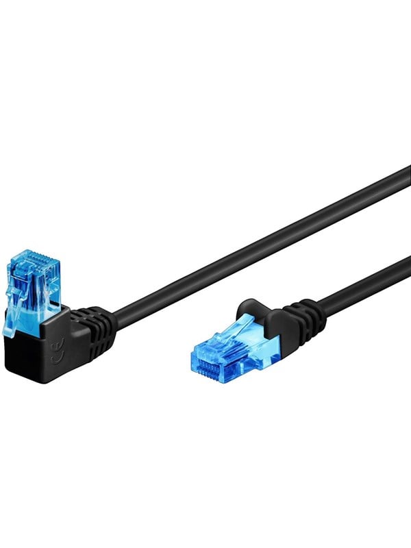 Goobay Patchkabel CAT 6A, 1x 90° vinklad, U/UTP, svart kopparklädd aluminiumtråd (CCA), snäpplås på toppen