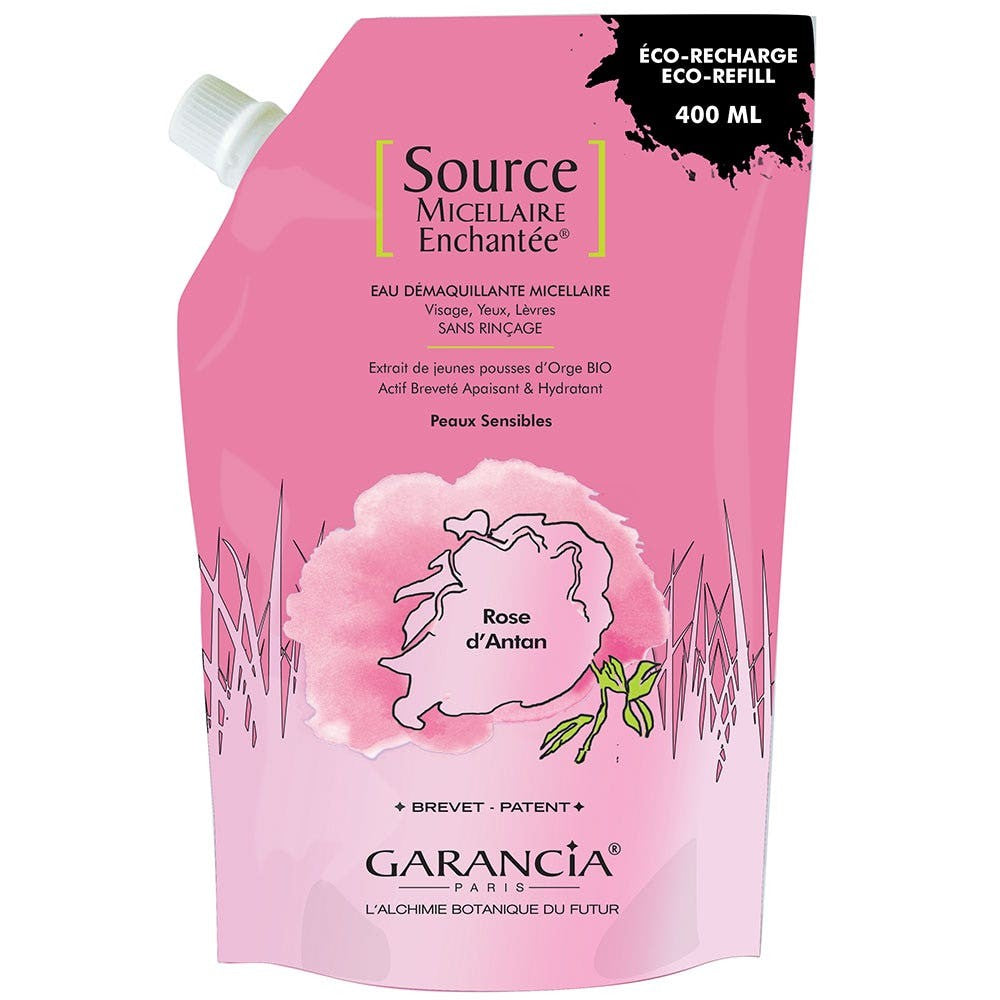 Garancia Enchanted Micellar Source Misellimeikinpoistoaine Vesiherkälle iholle Rosa d'Antan eco REFILL 400ml