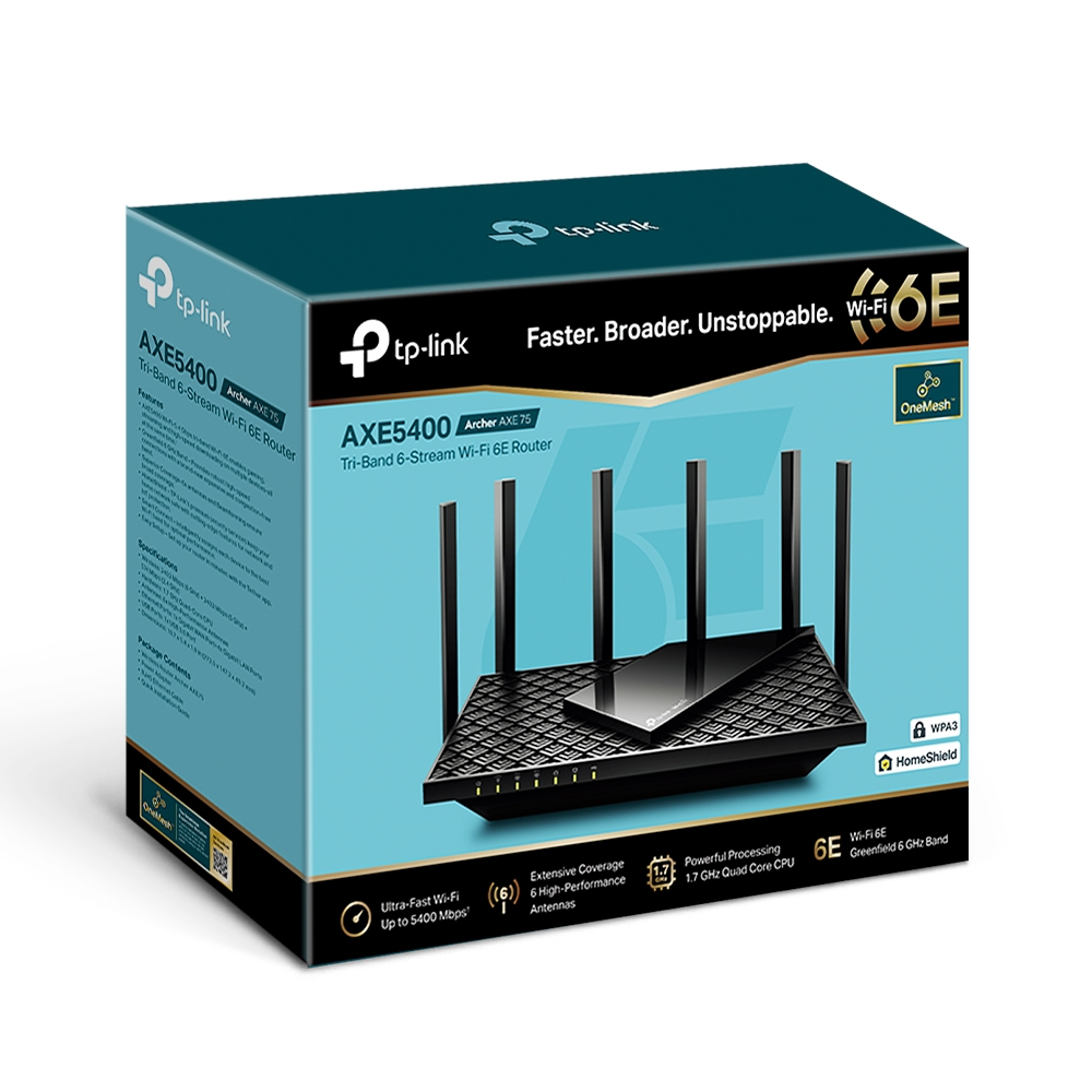 TP-Link Archer AXE75 -reititin, Wi-Fi 6E, AXE5400, Tri-band, musta