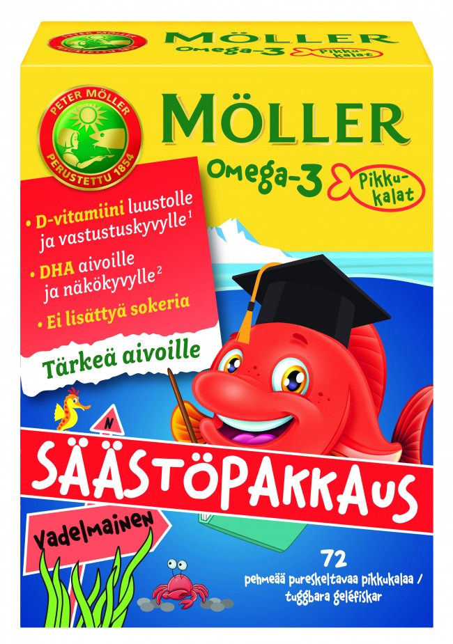 Möller Omega-3 Pikkukalat vadelmainen 72 kpl säästöpakkaus
