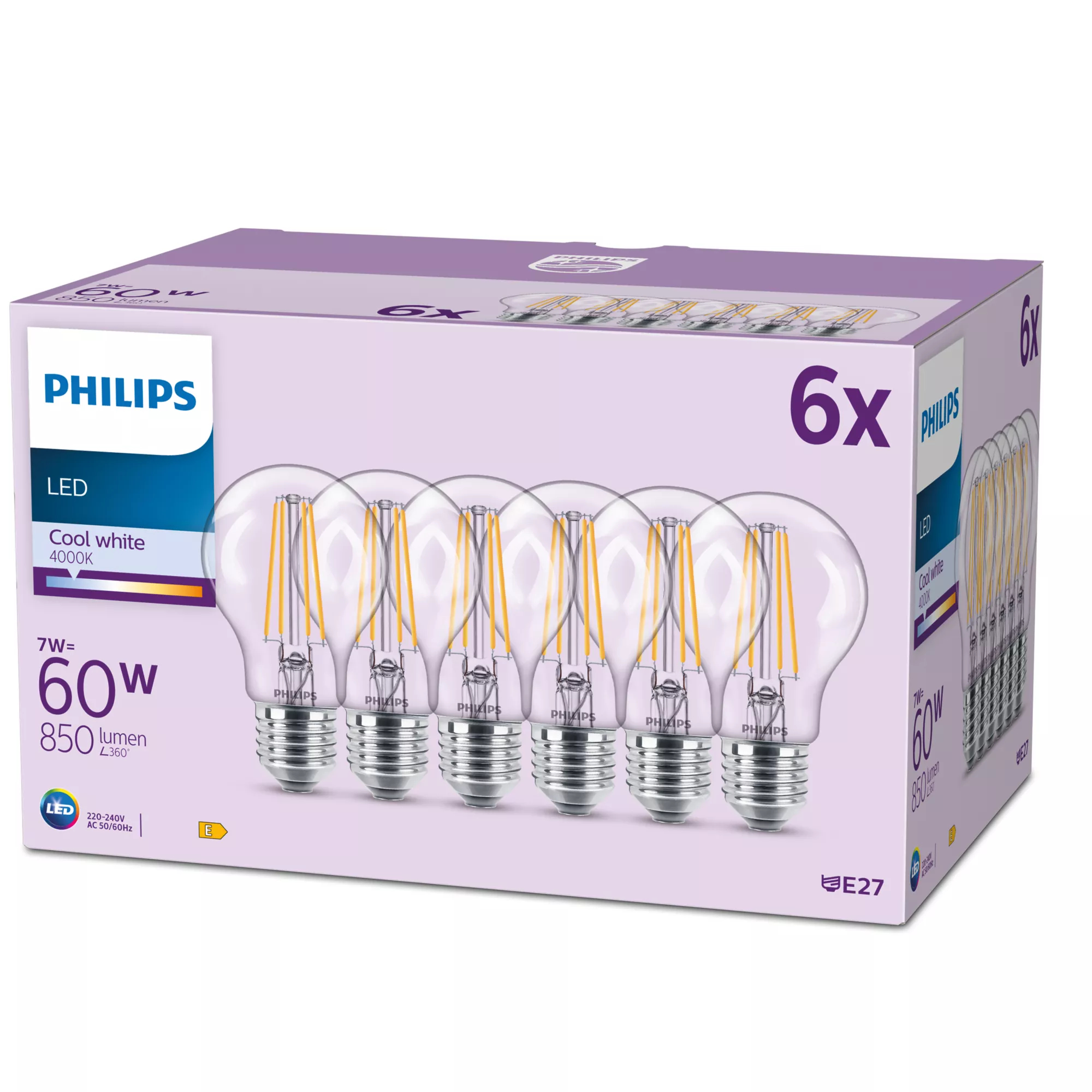 Philips Hehkulankalamppu, kirkas 60 W A60 E27 x6, 7 W, 60 W, E27, 850 lm, 15000 h, Viileä valkoinen