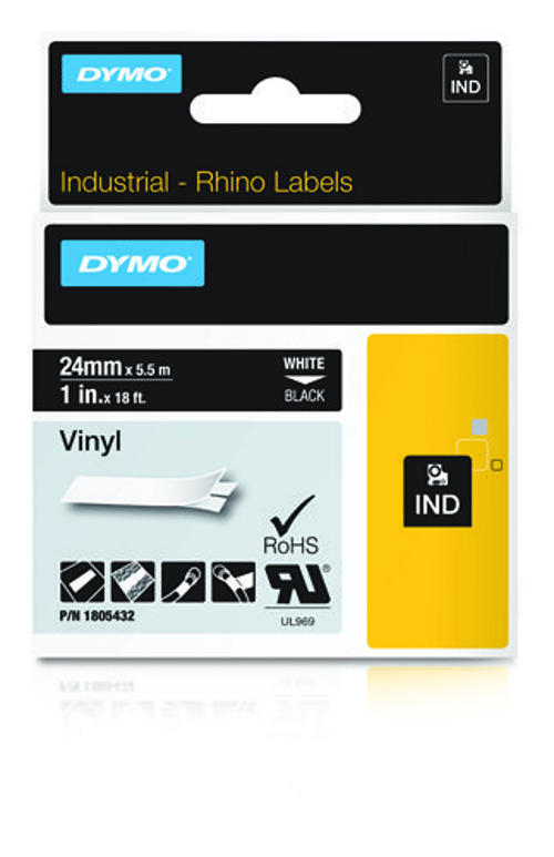 DYMO Rhino -vinyyliteipit, 24 mm x 5,5 m, valkoinen / musta, itseliimautuva