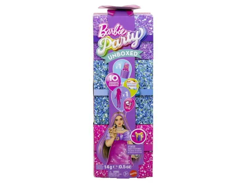 Barbie Party Unboxed Glam Party -sarjan Pink Sparkle -nukke ja tarvikkeita, 10 yllätystä, Muotinukke, Naaras, 3 vuosi/vuosia, Tyttö, 296 mm, 280 g