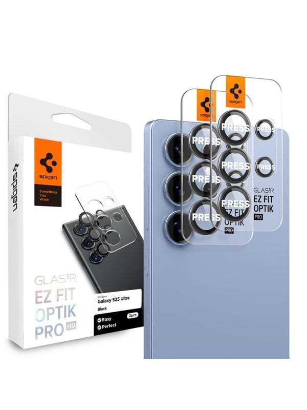 Spigen Glas.tR EZ Fit Optik Pro, Samsung, Galaxy S25 Ultra, Pölynkestävä, Naarmuuntumisenkestävä, musta, Läpinäkyvä, 2 kpl