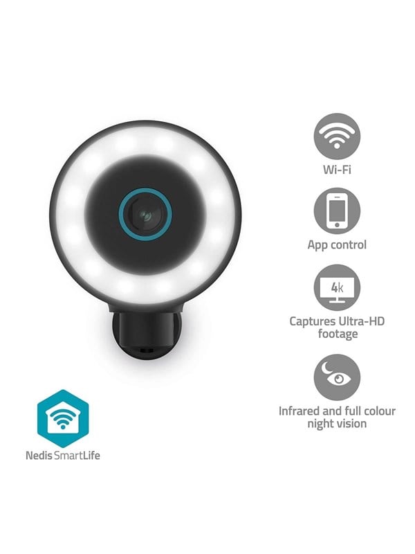 Nedis SmartLife Outdoor Camera Wi-Fi Spotlight 4K / 3840x2160 IP65 Cloud Storage (option) / microSD (not included) / Onvif 5 V DC With motion sensor Night vision Black