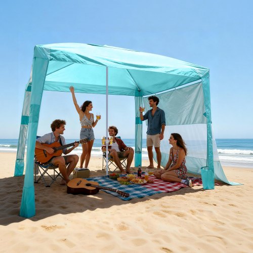 VEVOR Beach Cabana, 2.4 x 2.4 m Beach Canopy with Side Wall, UPF 50+ Protection Easy Setup Cabana Tent with Sand Pockets, Adjustable Height Portable Shade Sun Shelter Umbrella for Family Friend, Green