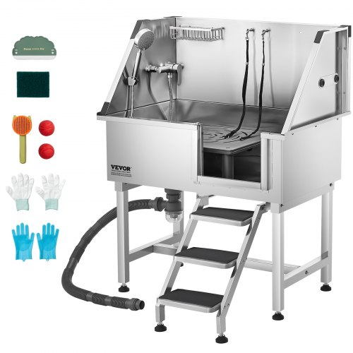 VEVOR 96.5 cm Stainless Steel Dog Washing Station, Pet Grooming Tub with Hot & Cold Faucet, Showerhead, Home Wash Sink, Fits Small and Medium Cats and Dogs, Non-Slip Stairs (Right Door)